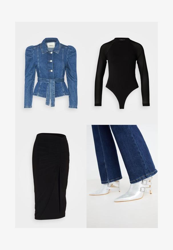 Denim jakna z pasom, prilegajoča bodica in napihnjena ramena. Srednje modra barva, strukturna zasnova in sprednje gumbne zanke.; Črn bodi z dolgimi rokavi in visokim ovratnikom, ki ima trden material na trupu in prosojne mrežaste rokave, oblikovan v prilegajoči se silhueti.; Črna, nabrana svinčnik krilo z detajlom v obliki traku in stranskim razporkom. Narejeno iz raztegljive tkanine, ki se ponaša z gladko teksturo in oblikovanjem, ki se prilega telesu.; Srebrni, kovinski gležnjači s izostrenim nosom in dvema zaponkama. Nosijo se z temno modrimi, rahlo razširjenimi kavbojkami.