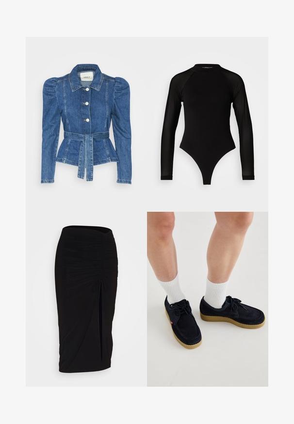 Džinsu jaka ar jostas vidukli, pieguļošu augšdaļu un pūšām plecu daļām. Vidēji zila krāsa, strukturēts dizains un priekšējie pogu aizdarījumi.; Melna garā piedurkne bodijs ar augstu apkakli, kurā ir blīvs audums uz ķermeņa un caurspīdīgas acs piedurknes, izstrādāts pieguļošā formā.; Melna, ručām veidota zīda svārku ar saišu detaļu un sānu izgriezumu. Izgatavota no elastīga auduma, ar gludu tekstūru un pieguļošu dizainu.; Tums zilas zamšādas kurpes ar apaļu purngalu, auklu aizdari un krēmkrāsas gumijas zoli. Apvienotas ar baltām ribotām apakšzālēm.