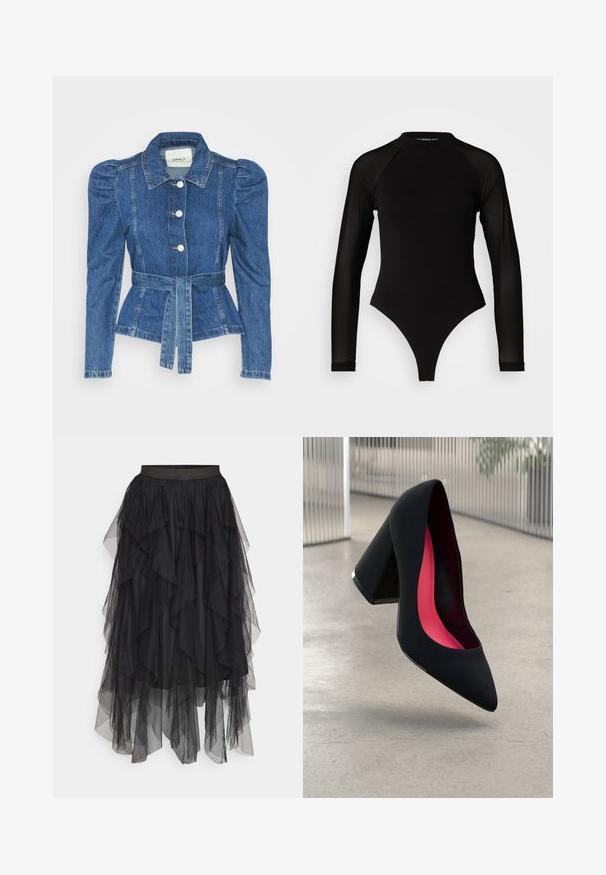 Riposso takki, jossa on vyöllinen vyötärö, istuva vartalo ja puffatut olkapäät. Keskisininen väri, rakenteellinen muotoilu ja etupainetut napit.; Musta pitkähihainen bodysuit, jossa on korkea kaula-aukko, kiinteä kangas vartalolla ja läpinäkyvät verkohihat, muotoiltu tiukaksi.; Musta tylle-hame kerroksilla, jossa on joustava vyötärö ja vaihteleva pituus. Läpikuultava rakenne lisää visuaalista syvyyttä.; Musta korkokenkä, jossa on terävä kärki, teksturoitu pinta ja kirkkaan vaaleanpunainen sisus. Varustettu tukevalla kannalla, jossa on hopeinen yksityiskohta.