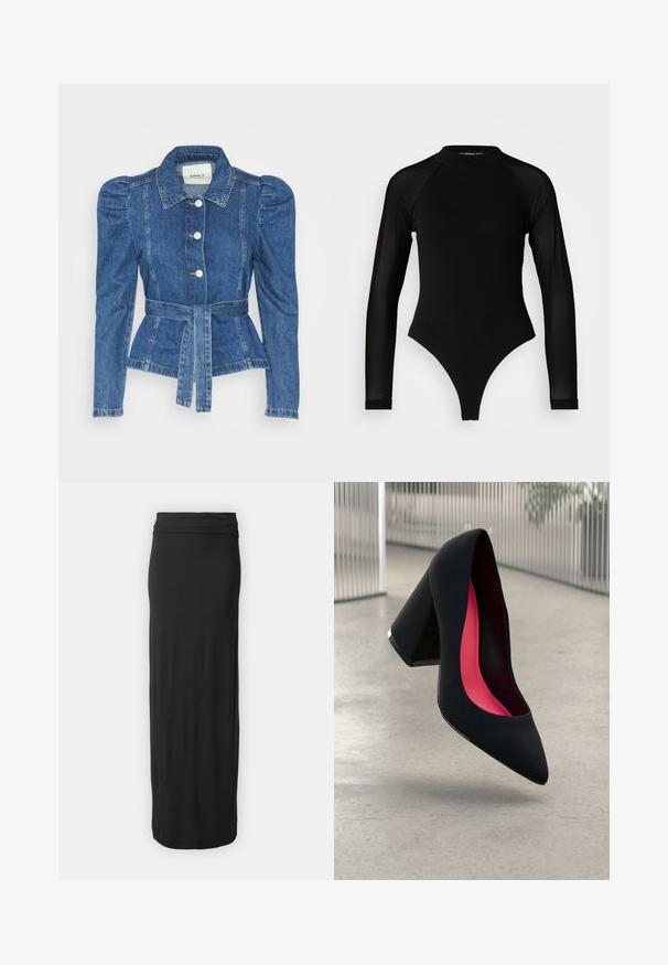 Denimiga jope, mille vöökoht on reguleeritav, kehaosa on kitsas ja õlavarred on puhvaariga. Keskmise sinise värvusega, struktureeritud disain ja ees nupulukud.; Must muströmpa mustristik pikkannukkide mustri kõrgetting toori jalgade kinnitanud, mulit haufri. Pakk keskosa ülemine vilip. ; Must mustriga, põrandani ulatuv seelik, mis on valmistatud pehmest ja venivast kangast, kitsaste vöökohtadega. Lihtne, sile disain ilma mustrite või kaunistusteta.; Mustad must kõrged kontsad, terava ninaga, tekstuurse pinnaga ning erksa roosa sisemusega. Omab paksu kontsa koos hõbedase aktsendiga.