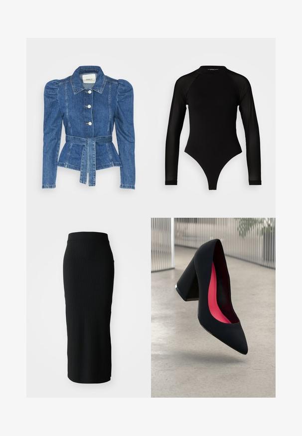 Denimiga jope, mille vöökoht on reguleeritav, kehaosa on kitsas ja õlavarred on puhvaariga. Keskmise sinise värvusega, struktureeritud disain ja ees nupulukud.; Must muströmpa mustristik pikkannukkide mustri kõrgetting toori jalgade kinnitanud, mulit haufri. Pakk keskosa ülemine vilip. ; Mustmust kootud midi seelik mustas värvuses, millel on sobiv siluett, sile vöökoht ja sirge hem, luues laitmatult voolujoonelise kuju.; Mustad must kõrged kontsad, terava ninaga, tekstuurse pinnaga ning erksa roosa sisemusega. Omab paksu kontsa koos hõbedase aktsendiga.