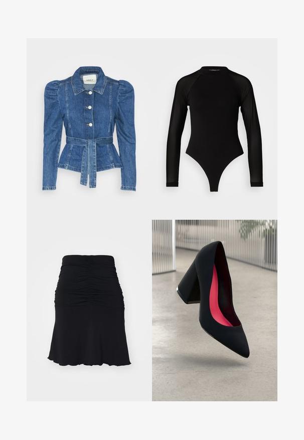 Džínová bunda s opaskom v páse, priliehavým telom a vypúknutými ramenami. Stredne modrá farba, štruktúrovaný dizajn a predné gombíkové zapínanie.; Čierny dlhý rukáv body s vysokým golierom, s pevným látkovým trupom a priehľadnými sieťovinovými rukávmi, navrhnuté v priliehavom strihu.; Noisy May NMSANDY RUCHED SHORT SKIRT VIP - sukňa v tvare A - black; Čierna lodička na vysokom opätku s špicatou špičkou, štruktúrovaným povrchom a živým ružovým interiérom. Obsahuje robustný opätok so strieborným akcentom.