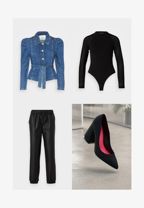 Džinsu jaka ar jostas vidukli, pieguļošu augšdaļu un pūšām plecu daļām. Vidēji zila krāsa, strukturēts dizains un priekšējie pogu aizdarījumi.; Melna garā piedurkne bodijs ar augstu apkakli, kurā ir blīvs audums uz ķermeņa un caurspīdīgas acs piedurknes, izstrādāts pieguļošā formā.; Melni sintētiskie sporta bikses ar gludu tekstūru, elastīgu jostasvietu un savilktiem piedurknēm. Iekļauts šņorētājs, lai pielāgotu izmēru.; Melna augsta papēža kurpe ar smailu purngalu, teksturētu virsmu un dzīvespriecīgu rozā interjeru. Satur masīlu papēdi ar sudraba akcentu.