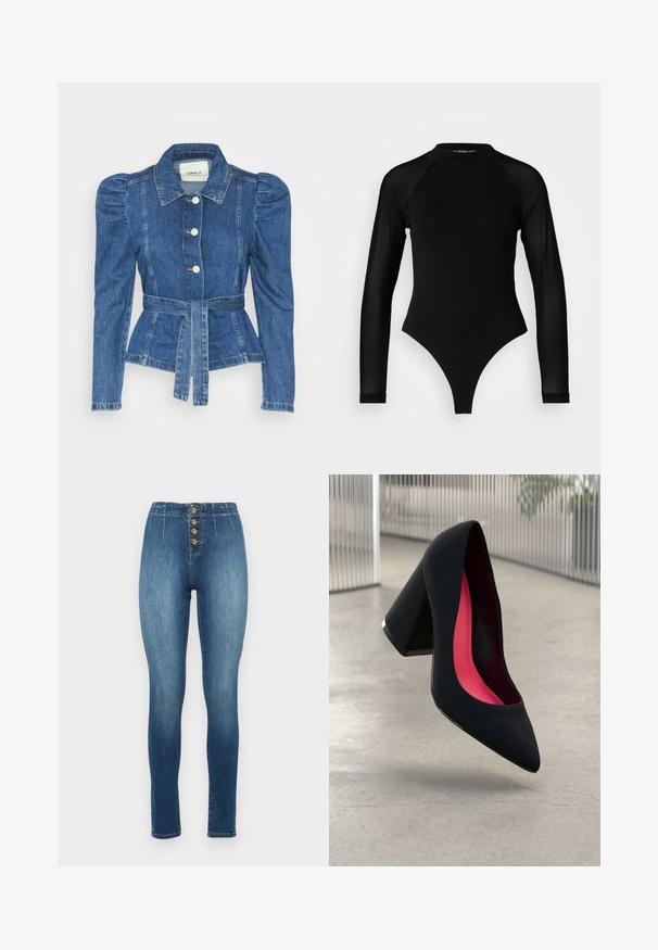 Traper jakna s pojasom u struku, prilagođenim tijelom i nabranim ramenima. Srednje plava boja, strukturirani dizajn i prednje kopčanje na tipke.; Crni bodi s dugim rukavima i visokim ovratnikom, s čvrstom tkaninom na trupu i prozirnim mrežastim rukavima, dizajniran u uskom kroju.; Traperice visokog struka u plavoj boji s uskim krojem, zatvaranje na pet dugmadi i blago izblijedjeli dio na bedrima. Klasičan dizajn s pet džepova.; Crna visoka potpetica s oštrim vrhom, teksturiranom površinom i živopisnom ružičastom unutrašnjošću. Ima masivnu potpeticu s srebrnim detaljem.