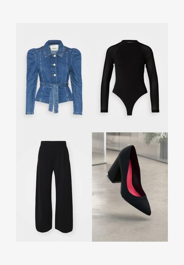 Jeansjacke mit tailliertem Schnitt, fitted Oberteil und gepufften Schultern. Mittelblaue Farbe, strukturierte Form und Frontknopfverschlüsse.; Schwarzer Langarm-Body mit hohem Kragen, bestehend aus festem Stoff im Torso und transparenten Netzärmel, entworfen in einer körperbetonten Form.; GAP CASHSOFT TAILORED PANT - Stoffhose - black; Schwarzer High Heel Schuh mit spitzer Zehe, strukturiertem Obermaterial und lebhaftem pinken Innenraum. Verfügt über einen dicken Absatz mit silberner Akzentuierung.