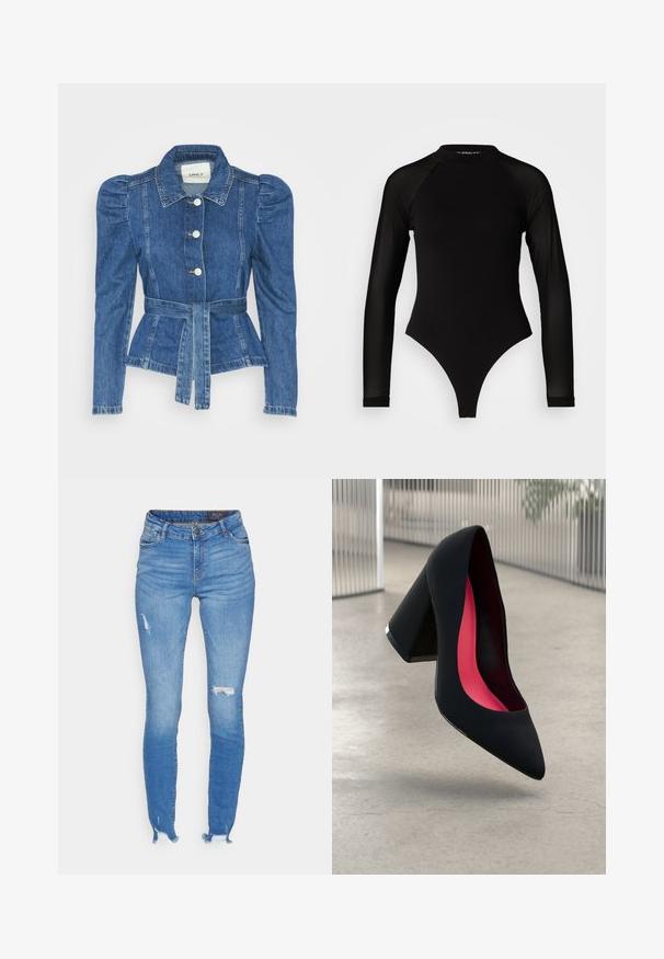 Chaqueta de mezclilla con cintura ceñida, cuerpo ajustado y hombros abullonados. Color azul medio, diseño estructurado y cierres frontales de botones.; Mameluco negro de manga larga con cuello alto, que presenta tejido sólido en el torso y mangas de malla transparente, diseñado en una forma ajustada.; Vaqueros ajustados de mezclilla de color azul, con una cintura alta, detalles desgastados y dobladillos deshilachados para un look casual y moderno.; Zapato de tacón alto negro con puntera afilada, superficie texturizada y un interior de un rosa vibrante. Presenta un tacón grueso con un acento plateado.