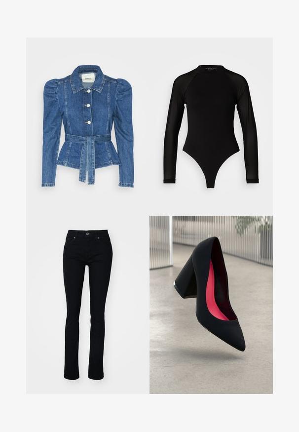 Chaqueta de mezclilla con cintura ceñida, cuerpo ajustado y hombros abullonados. Color azul medio, diseño estructurado y cierres frontales de botones.; Mameluco negro de manga larga con cuello alto, que presenta tejido sólido en el torso y mangas de malla transparente, diseñado en una forma ajustada.; Vaqueros de mezclilla negra con un corte ajustado, diseño de cinco bolsillos, cierre de cremallera y botón. Textura suave y ligero elasticidad para mayor comodidad.; Zapato de tacón alto negro con puntera afilada, superficie texturizada y un interior de un rosa vibrante. Presenta un tacón grueso con un acento plateado.