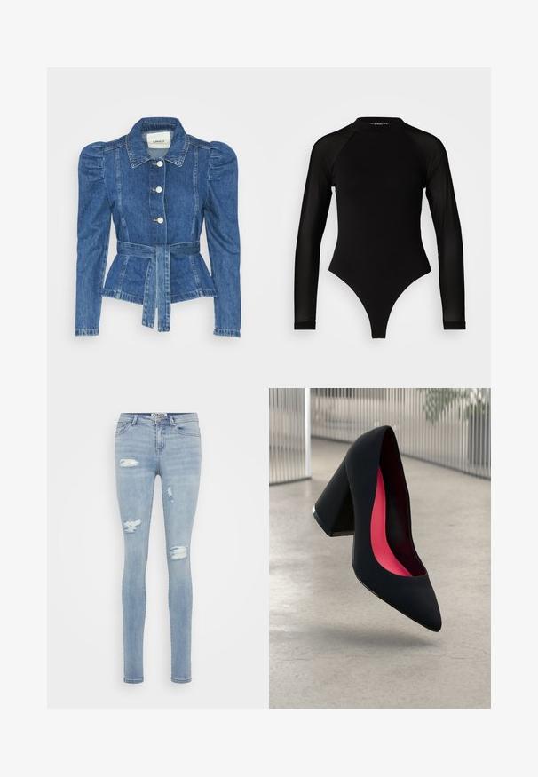 Denimiga jope, mille vöökoht on reguleeritav, kehaosa on kitsas ja õlavarred on puhvaariga. Keskmise sinise värvusega, struktureeritud disain ja ees nupulukud.; Must muströmpa mustristik pikkannukkide mustri kõrgetting toori jalgade kinnitanud, mulit haufri. Pakk keskosa ülemine vilip. ; Heledad sinised kitsad teksad, mis on valmistatud denimist, sisaldavad kulumisjälgi ja rebenemisi ees, tavapärane viie taskuga disain ning nööbiga sulgemine.; Mustad must kõrged kontsad, terava ninaga, tekstuurse pinnaga ning erksa roosa sisemusega. Omab paksu kontsa koos hõbedase aktsendiga.