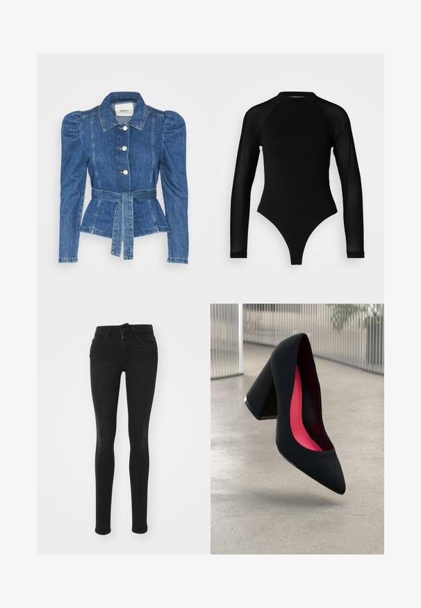 Denimiga jope, mille vöökoht on reguleeritav, kehaosa on kitsas ja õlavarred on puhvaariga. Keskmise sinise värvusega, struktureeritud disain ja ees nupulukud.; Must muströmpa mustristik pikkannukkide mustri kõrgetting toori jalgade kinnitanud, mulit haufri. Pakk keskosa ülemine vilip. ; Mustad teksad, millel on kõrge vöökoht, viis taskut, ees lukuga ja sile tekstuur.; Must kontsaga king, millel on terav nina ja tekstuuriga pealmine osa. Sisemine pool on erkroosa voodriga. Kont on ruudukujuline ja selle alusel on metallikdetail.