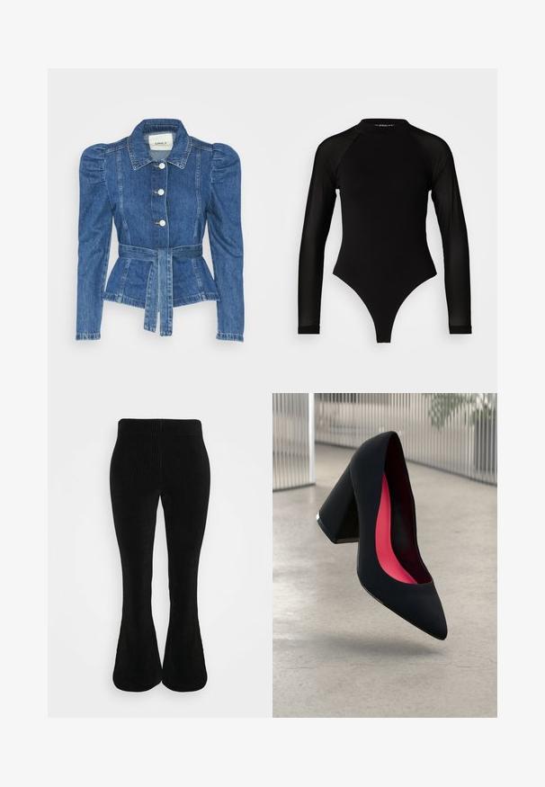 Denimo striukė su dirželiu liemens srityje, prigludusia forma ir pūstomis pečių dalimis. Vidutinio mėlynumo spalva, struktūrizuotas dizainas ir priekiniai mygtukų užsegimai.; Juodas ilgomis rankovėmis bodis su aukštu kaklu, turintis tvirto audinio torso ir permatomų tinklinių rankovių, sukurtas prigludusio silueto.; Juodų šoninių džinsų plačių kelnių su suplėšyta tekstūra, elastingu juosmeniu ir prigludusia viršutine dalimi, kuri palaipsniui išsiplečia link apačios.; Juodas aukštakulnis batai su smailiu pirštu, su tekstūruota paviršiumi ir ryškiai rožiniu vidumi. Su tiek dideliu kulnu, tiek sidabriniu akcentu.