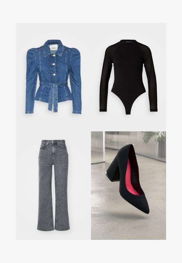 Denimiga jope, mille vöökoht on reguleeritav, kehaosa on kitsas ja õlavarred on puhvaariga. Keskmise sinise värvusega, struktureeritud disain ja ees nupulukud.; Must muströmpa mustristik pikkannukkide mustri kõrgetting toori jalgade kinnitanud, mulit  haufri. Pakk keskosa ülemine vilip. ; Hallid denimist flared teksad kõrge vöökoht, millel on delikaatne täppide muster ja viie tasku disain. Kulunud tekstuur põlve lähedal.; Mustad must kõrged kontsad, terava ninaga, tekstuurse pinnaga ning erksa roosa sisemusega. Omab paksu kontsa koos hõbedase aktsendiga.