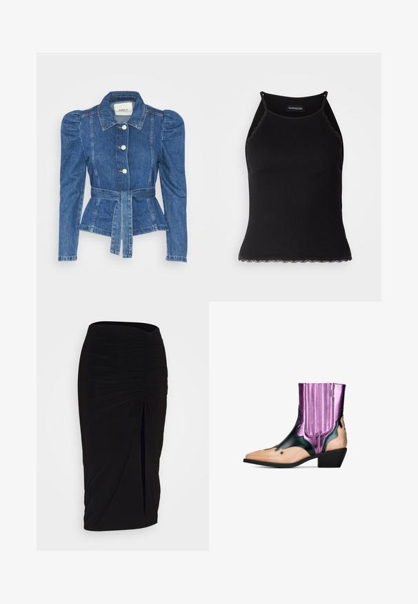 Spijkerjack met een ceintuur in de taille, een getailleerd lijfje en pofmouwen. Middelblauwe kleur, gestructureerd ontwerp en knoopsluitingen aan de voorkant.; Zwarte geribbelde tanktop met een scallooped kanten rand aan de onderkant. Heeft dunne bandjes en een aansluitend ontwerp. Gemaakt van rekbare stof.; Zwarte, gerimpelde kokerrok met strikdetail en een zijsplit. Gemaakt van een rekbaar stof, met een soepele textuur en een aansluitend ontwerp.; Westerse enkellaars in zwart, metallic paars en huidskleur. Kenmerken zijn de spitse neus, blokhak, decoratieve uitsparingen en verticale geribbelde accenten.