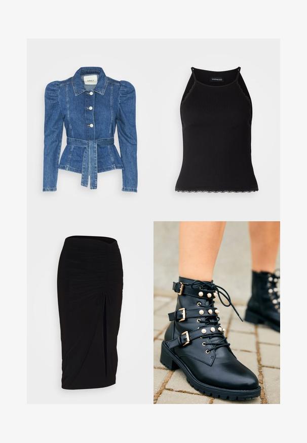 Chaqueta de mezclilla con cintura ceñida, cuerpo ajustado y hombros abullonados. Color azul medio, diseño estructurado y cierres frontales de botones.; Top de tanque negro con ribetes acanalados y borde de encaje con volantes en el dobladillo. Presenta tirantes finos y un diseño ajustado. Fabricado en tejido elástico.; falda lápiz negra con fruncido, detalle de lazo y abertura lateral. Hecha de un tejido elástico, con una textura suave y un diseño ajustado.; Botas de tobillo de cuero negro con herrajes dorados, tres correas ajustables y acentos de perlas. Suela con dibujo para mayor tracción.