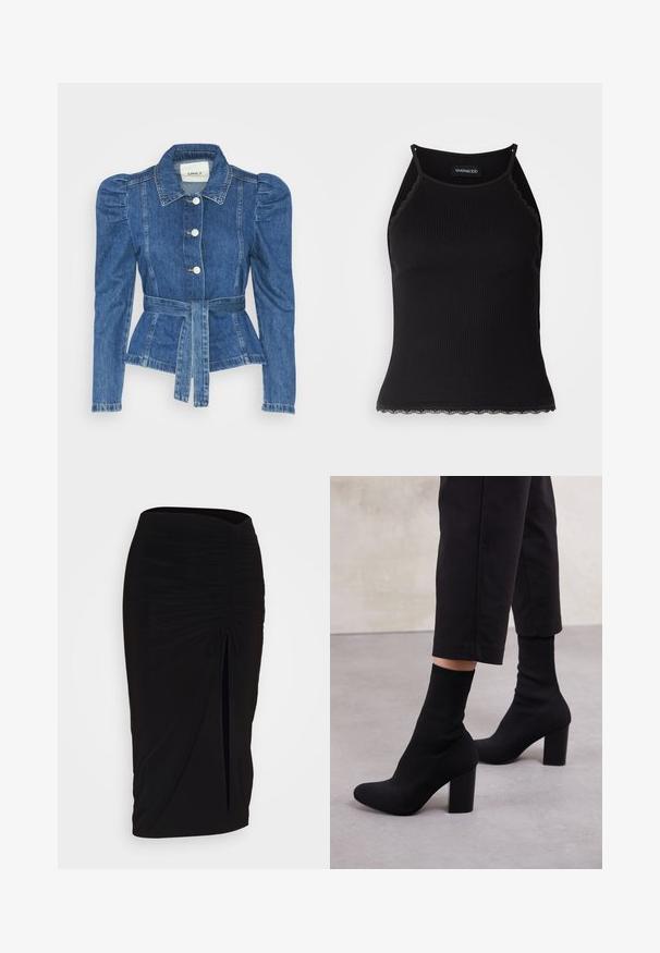 Riposso takki, jossa on vyöllinen vyötärö, istuva vartalo ja puffatut olkapäät. Keskisininen väri, rakenteellinen muotoilu ja etupainetut napit.; Mustan ribbitoppi, jonka helman reunassa on aaltoileva pitsi. Ominaisuuksina ohuet hihnat ja tiukka malli. Valmistettu joustavasta kankaasta.; Musta, rypytetty kynähame, jossa on solmuseikkaus ja sivurako. Valmistettu joustavasta kankaasta, joka tarjoaa sileän pinnan ja vartaloon kiinnittyvän muodon.; Mustat nilkkasaappaat, joissa on ribatusta materiaalista valmistettu sukka-tyylinen yläosa, sileä pinta, pyöristetty kärki ja tukevat palkeelliset korot.