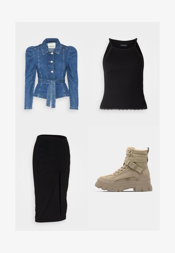 Džínová bunda s opaskom v páse, priliehavým telom a vypúknutými ramenami. Stredne modrá farba, štruktúrovaný dizajn a predné gombíkové zapínanie.; Čierny rebrovaný top bez rukávov so zvlneným čipkovým lemovaním na spodnom leme. Má tenké ramienka a priliehavý strih. Vyrobené z elastického materiálu.; Čierna, riasená ceruzková sukňa s viazaním a bočným rozparkom. Vyrobená z elastického materiálu, s hladkou textúrou a priliehavým dizajnom.; Svetlohnedé vysoké topánky vyrobené z syntetického materiálu, s robustnou podrážkou, textúrovanými textilnými akcentmi a remienkom s detailom loga.