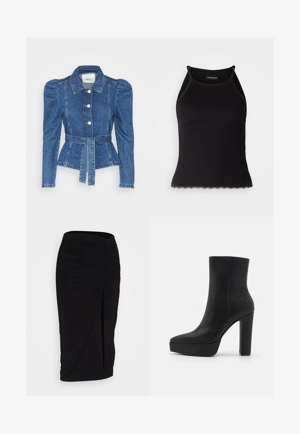 Jeansjakke med belte i midjen, tettsittende midje og puffede skuldre. Medium blå farge, strukturert design og frontknapper.; Svart ribbet tanktopp med scallop lace detaljer i kanten. Har tynne stropper og en kroppsnær design. Laget av elastisk stoff.; Svart, rynket blyantskjørt med knyting og sidelits. Laget av et elastisk stoff, med en glatt tekstur og en kroppsnær passform.; Sorte ankelstøvletter med spiss tå, laget av glatt lær. Har en kraftig, høy hæl og en platåsåle for ekstra høyde.
