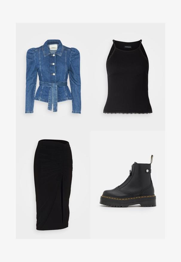 Casaco de ganga com cintura ajustada, corpete justo e ombros bufantes. Cor azul média, design estruturado e fecho frontal por botões.; T-shirt sem mangas preto com acabamento em renda frisada na barra. Apresenta alças finas e um design justo. Feito de um tecido elástico.; Saia lápis preta, franzida, com detalhe de laço e uma fenda lateral. Feita de um tecido elástico, apresenta uma textura suave e um design justo ao corpo.; Bota de tornozelo preta, feita de couro liso, com fecho lateral, costura amarela e sola de borracha espessa e estriada.