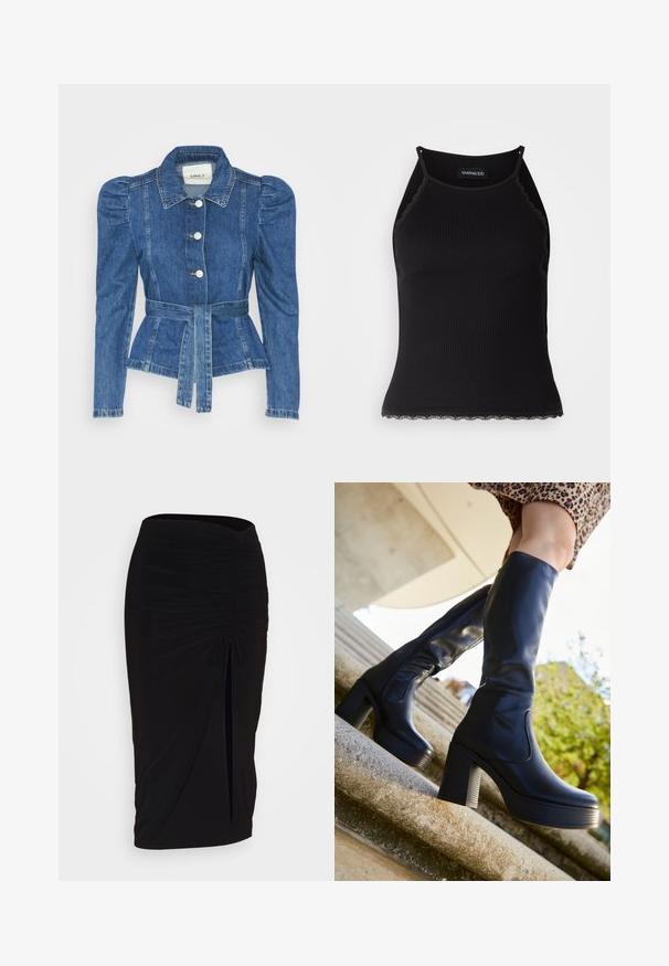 Denim jacket with a belted waist, fitted bodice, and puffed shoulders. Medium blue color, structured design, and front button closures.; Black ribbed tank top with scalloped lace trim at the hem. Features thin straps and a fitted design. Made from stretchable fabric.; Black, ruched pencil skirt with tie detail and a side slit. Made from a stretchy fabric, featuring a smooth texture and form-fitting design.; mtng NEW - Platform boots - black