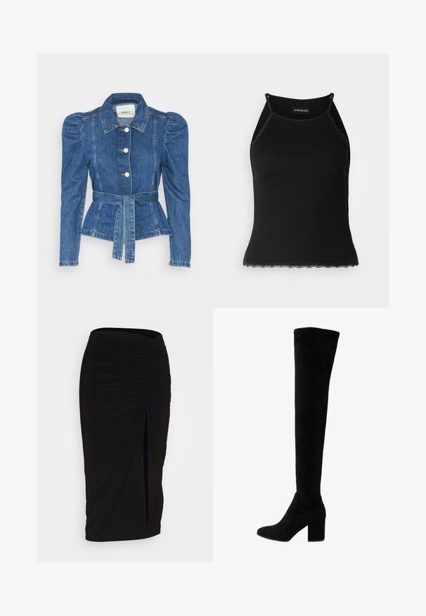 Denim jacket with a belted waist, fitted bodice, and puffed shoulders. Medium blue color, structured design, and front button closures.; Black ribbed tank top with scalloped lace trim at the hem. Features thin straps and a fitted design. Made from stretchable fabric.; Black, ruched pencil skirt with tie detail and a side slit. Made from a stretchy fabric, featuring a smooth texture and form-fitting design.; Black over-the-knee boots made of soft suede, featuring a chunky high heel and a sleek, form-fitting design with a rounded toe.