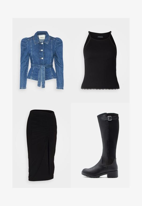 Giacca in denim con vita cintrata, corpino aderente e spalle imbottite. Colore blu medio, design strutturato e chiusura frontale con bottoni.; Top in maglia nera a coste con bordo in pizzo ondulato all'orlo. Presenta spalline sottili e un design aderente. Realizzato in tessuto elasticizzato.; Gonna a tubino nera, arricciata, con dettaglio a fiocco e uno spacco laterale. Realizzata in un tessuto elasticizzato, presenta una texture liscia e un design aderente.; Stivale nero al ginocchio con fronte in pelle liscia, pannelli in rete e tacco basso a blocco con dettaglio di cinturino e fibbia.
