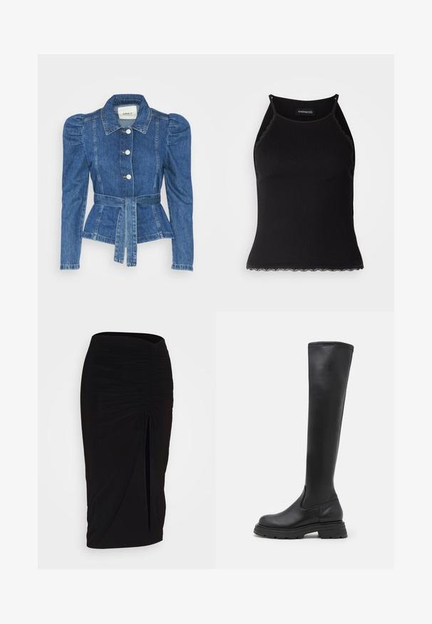 Denimjakke med beltedal, tætsiddende liv og puffede skuldre. Mellemblå farve, struktureret design og frontknaplukninger.; Sort ribbet tanktop med bølget blondekant forneden. Har tynde stropper og en tætsiddende pasform. Fremstillet af strækbart materiale.; Sort, rynket blyantskørt med bindebånd og en sidelæg. Fremstillet af et strækbart stof, der har en glat overflade og en tætsiddende pasform.; Sorte knæhøje støvler lavet af glat læder, med en chunky sål og et strømlinet design uden synlig hardware eller udsmykning.