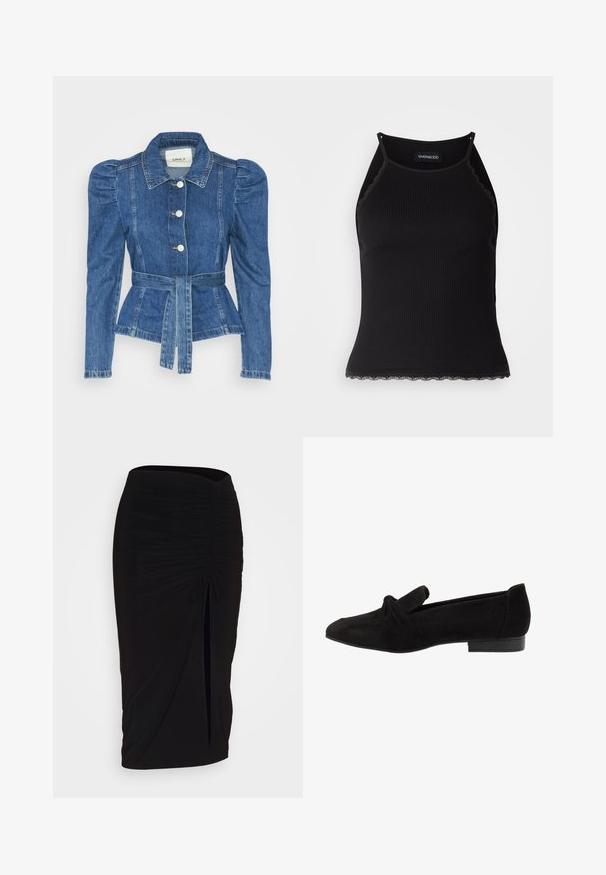 Denimiga jope, mille vöökoht on reguleeritav, kehaosa on kitsas ja õlavarred on puhvaariga. Keskmise sinise värvusega, struktureeritud disain ja ees nupulukud.; Must mustriba top musta servadega äärega. Omab peeneid rihmu ja istuvat disaini. Valmistatud venivast kangast.; Mustast, rikutud pliiatsiseelik sidumisdetailiga ja küljes lahtise lõhenemisega. Valmistatud venivast kangast, millel on sile tekstuur ja keha lähedane lõige.; Mustad nubukist lamejalats, millel on sõlme detail varvaste juures, sile tekstuur, terav kuju ja madal, ristkülikukujuline konts.