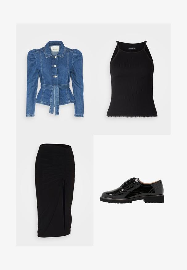 Denim jakna z pasom, prilegajoča bodica in napihnjena ramena. Srednje modra barva, strukturna zasnova in sprednje gumbne zanke.; Črn rebrast top brez rokavov z valovitimi čipkastimi robovi na dnu. Ima tanke naramnice in oprijet kroj. Narejen je iz raztegljivega materiala.; Črna, nabrana svinčnik krilo z detajlom v obliki traku in stranskim razporkom. Narejeno iz raztegljive tkanine, ki se ponaša z gladko teksturo in oblikovanjem, ki se prilega telesu.; Črne lakaste usnjene čevlje na vezalko s zaobljenim nosom, brogujem, gumijastim podplatom in teksturirano obdelavo. Okrašeni so z majhnimi luknjicami.