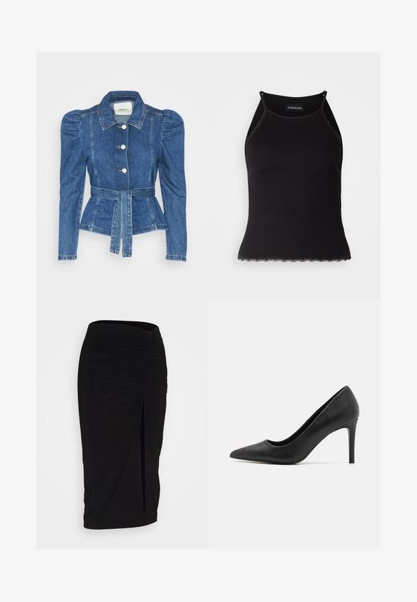 Jachetă din denim cu talie cu curea, bust ajustat și umeri bufanți. Culoare albastră medie, design structurat și închidere cu nasturi în față.; Top de bumbac negru cu nervuri, cu dantelă ondulată la margine. Are bretele subțiri și un design ajustat. Fabricat din material elastic.; Fustă creion neagră, plisată, cu detalii cu fundă și o fanta laterală. Fabricată dintr-un material elastic, cu o textură netedă și un design care se mulează pe corp.; Pantofii cu toc înalt negri, cu vârful ascuțit, confecționați din piele netedă, având un design elegant și un toc subțire, cilindric.