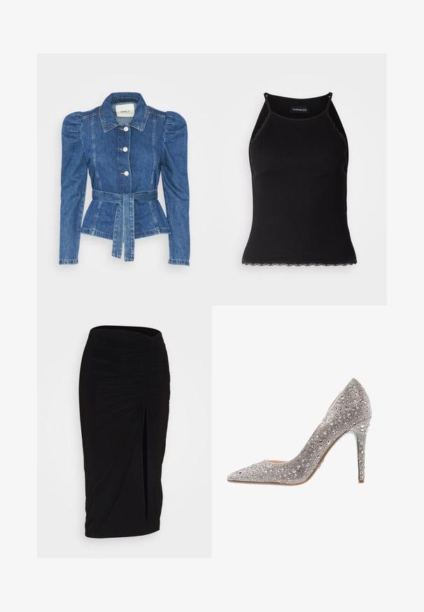 Chaqueta de mezclilla con cintura ceñida, cuerpo ajustado y hombros abullonados. Color azul medio, diseño estructurado y cierres frontales de botones.; Top de tanque negro con ribetes acanalados y borde de encaje con volantes en el dobladillo. Presenta tirantes finos y un diseño ajustado. Fabricado en tejido elástico.; falda lápiz negra con fruncido, detalle de lazo y abertura lateral. Hecha de un tejido elástico, con una textura suave y un diseño ajustado.; Zapato de tacón alto plateado brillante con punta afilada, adornado con lentejuelas y piedras preciosas, que presenta un tacón de aguja esbelto y una suela suave.