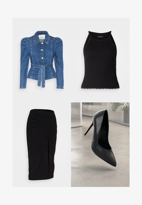 Džínová bunda s páskem v pase, přiléhavým střihem a nadýchanými ramenními vycpávkami. Středně modrá barva, strukturovaný design a zapínání na knoflíky vpředu.; Černý žebrovaný top na ramínka s krajkovým lemem na spodním okraji. Obsahuje tenké ramínka a přiléhavý střih. Vyrobeno z elastické látky.; Černá, řasená tužková sukně s detailem na zavazování a bočním rozparkem. Vyrobena z elastického materiálu s hladkou texturou a přiléhavým střihem.; Černé kožené lodičky na vysokém podpatku se špičatou špičkou, elegantní design a bez viditelné mechaniky. Hladká textura a minimalistický styl.