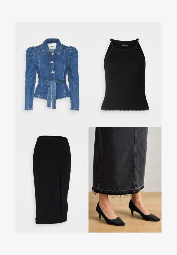 Denim jacket with a belted waist, fitted bodice, and puffed shoulders. Medium blue color, structured design, and front button closures.; Black ribbed tank top with scalloped lace trim at the hem. Features thin straps and a fitted design. Made from stretchable fabric.; Black, ruched pencil skirt with tie detail and a side slit. Made from a stretchy fabric, featuring a smooth texture and form-fitting design.; Black suede pumps with a pointed toe and a 3-inch heel, paired with a long, dark denim skirt featuring frayed hem details.