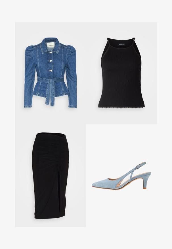 Giacca in denim con vita cintrata, corpino aderente e spalle imbottite. Colore blu medio, design strutturato e chiusura frontale con bottoni.; Top in maglia nera a coste con bordo in pizzo ondulato all'orlo. Presenta spalline sottili e un design aderente. Realizzato in tessuto elasticizzato.; Gonna a tubino nera, arricciata, con dettaglio a fiocco e uno spacco laterale. Realizzata in un tessuto elasticizzato, presenta una texture liscia e un design aderente.; Décolleté in suede azzurro chiaro, punta appuntita, con cinturino alla caviglia regolabile con fibbia metallica, soletta beige naturale e tacco basso.