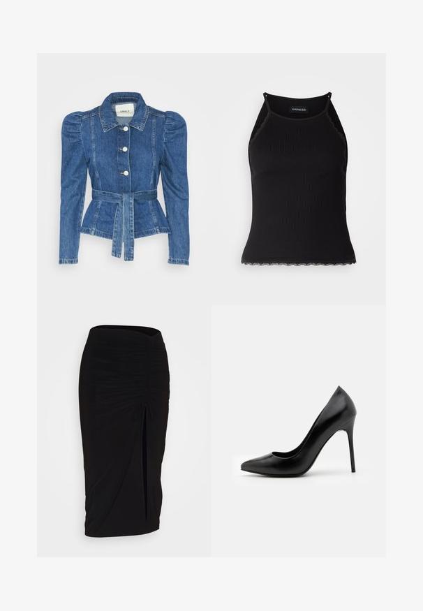 Jachetă din denim cu talie cu curea, bust ajustat și umeri bufanți. Culoare albastră medie, design structurat și închidere cu nasturi în față.; Top de bumbac negru cu nervuri, cu dantelă ondulată la margine. Are bretele subțiri și un design ajustat. Fabricat din material elastic.; Fustă creion neagră, plisată, cu detalii cu fundă și o fanta laterală. Fabricată dintr-un material elastic, cu o textură netedă și un design care se mulează pe corp.; Pantofi cu toc înalt din piele neagră, cu vârf ascuțit și textură netedă. Au un toc stiletto subțire și un design cu vamp scăzut.