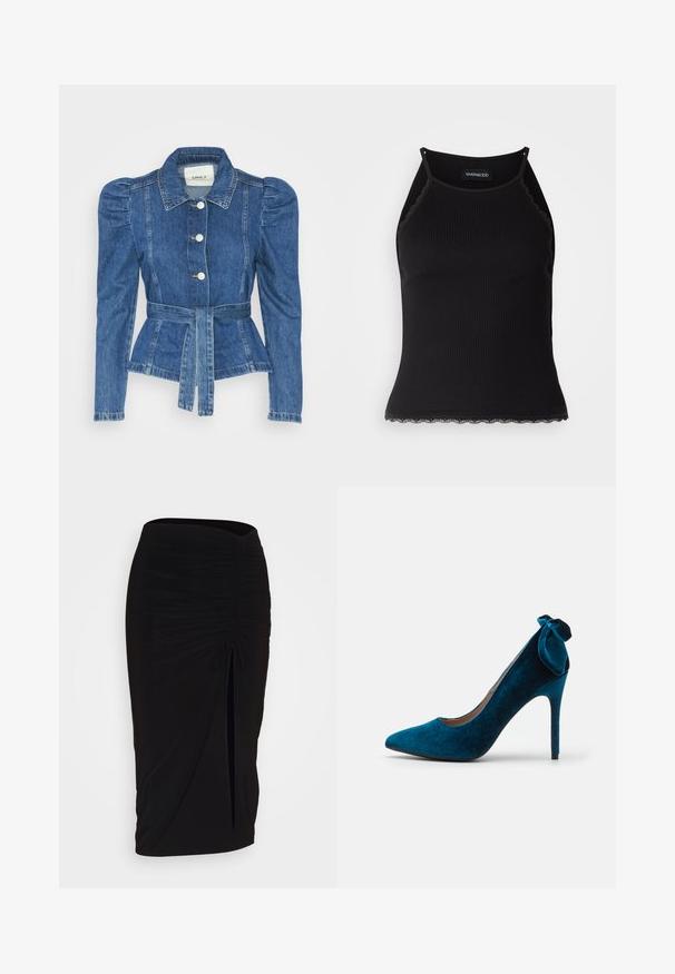 Jachetă din denim cu talie cu curea, bust ajustat și umeri bufanți. Culoare albastră medie, design structurat și închidere cu nasturi în față.; Top de bumbac negru cu nervuri, cu dantelă ondulată la margine. Are bretele subțiri și un design ajustat. Fabricat din material elastic.; Fustă creion neagră, plisată, cu detalii cu fundă și o fanta laterală. Fabricată dintr-un material elastic, cu o textură netedă și un design care se mulează pe corp.; Anna Field Pantofi clasici cu toc - dark blue