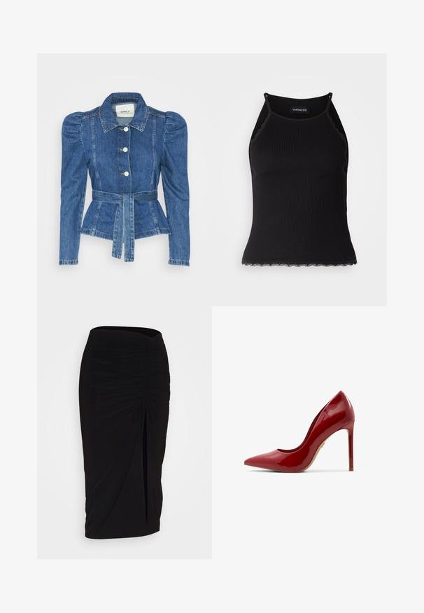Denimjakke med beltedal, tætsiddende liv og puffede skuldre. Mellemblå farve, struktureret design og frontknaplukninger.; Sort ribbet tanktop med bølget blondekant forneden. Har tynde stropper og en tætsiddende pasform. Fremstillet af strækbart materiale.; Sort, rynket blyantskørt med bindebånd og en sidelæg. Fremstillet af et strækbart stof, der har en glat overflade og en tætsiddende pasform.; Rød laklæder sandale med høj hæl, spids tå, glat overflade og en slank stiletto-hæl med en beige sål.