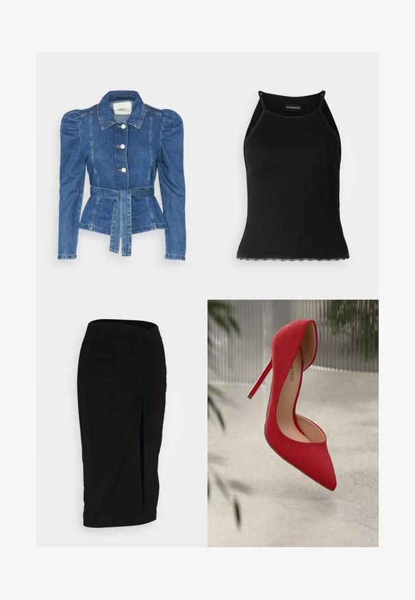 Chaqueta de mezclilla con cintura ceñida, cuerpo ajustado y hombros abullonados. Color azul medio, diseño estructurado y cierres frontales de botones.; Top de tanque negro con ribetes acanalados y borde de encaje con volantes en el dobladillo. Presenta tirantes finos y un diseño ajustado. Fabricado en tejido elástico.; falda lápiz negra con fruncido, detalle de lazo y abertura lateral. Hecha de un tejido elástico, con una textura suave y un diseño ajustado.; Zapato de tacón alto rojo con puntera puntiaguda y acabado de ante suave. Presenta un tacón de aguja y un acento dorado en la base del tacón.