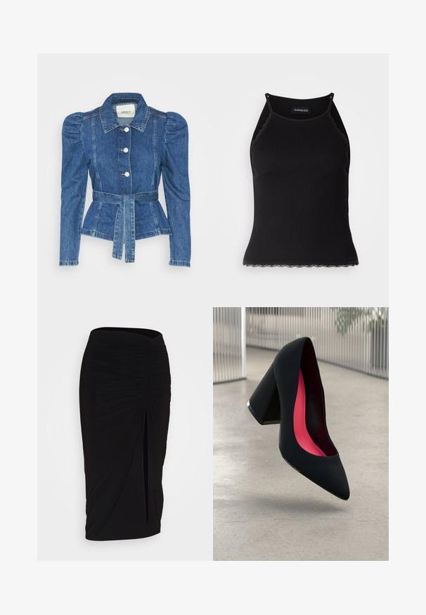 Jeansjacke mit tailliertem Schnitt, fitted Oberteil und gepufften Schultern. Mittelblaue Farbe, strukturierte Form und Frontknopfverschlüsse.; Schwarzes, geripptes Tanktop mit gewellten Spitzenabschluss am Saum. Mit dünnen Trägern und einer figurbetonten Passform. Hergestellt aus dehnbarem Material.; Schwarzer, geraffter Bleistiftrock mit Bindegürtel und seitlichem Schlitz. Hergestellt aus einem dehnbaren Stoff, mit glatter Textur und figurschmeichelndem Design.; Schwarzer High Heel Schuh mit spitzer Zehe, strukturiertem Obermaterial und lebhaftem pinken Innenraum. Verfügt über einen dicken Absatz mit silberner Akzentuierung.