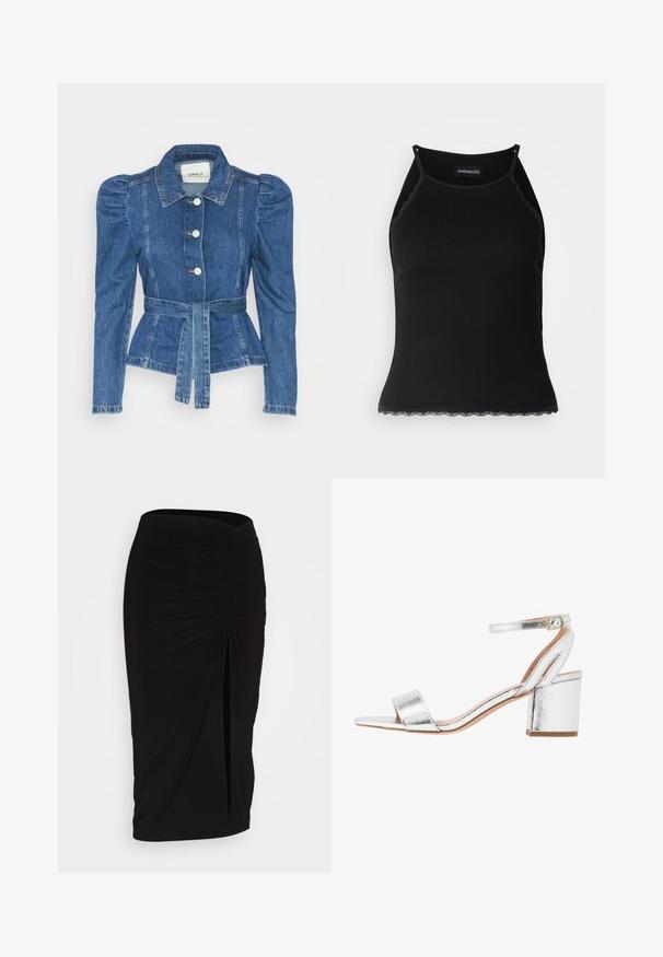 Denim jacket with a belted waist, fitted bodice, and puffed shoulders. Medium blue color, structured design, and front button closures.; Black ribbed tank top with scalloped lace trim at the hem. Features thin straps and a fitted design. Made from stretchable fabric.; Black, ruched pencil skirt with tie detail and a side slit. Made from a stretchy fabric, featuring a smooth texture and form-fitting design.; Silver metallic heeled sandal with a wide toe strap, ankle strap, and block heel. Smooth texture with a shiny finish and minimalistic design.
