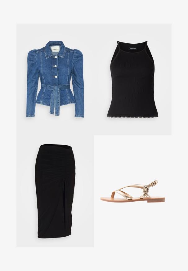 Veste en denim avec une taille ceinturée, un buste ajusté et des épaules bouffantes. Couleur bleu moyen, design structuré et fermetures à boutons sur le devant.; Débardeur noir à côtes avec une bordure en dentelle festonnée à l'ourlet. Présente des bretelles fines et une coupe ajustée. Fabriqué en tissu extensible.; Jupe crayon noire froncée avec détail à nouer et fente latérale. Fabriquée à partir d'un tissu extensible, elle présente une texture lisse et une coupe ajustée.; Sandales métalliques dorées avec des brides croisées, une semelle plate et une boucle autour de la cheville. Texture lisse et design ouvert pour la respirabilité.