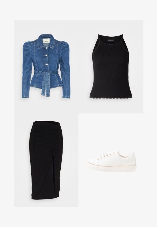 Denim jacket with a belted waist, fitted bodice, and puffed shoulders. Medium blue color, structured design, and front button closures.; Black ribbed tank top with scalloped lace trim at the hem. Features thin straps and a fitted design. Made from stretchable fabric.; Black, ruched pencil skirt with tie detail and a side slit. Made from a stretchy fabric, featuring a smooth texture and form-fitting design.; White sneaker with a smooth leather upper, gold eyelets, and a gold accent around the sole. Flat rubber sole with textured tread for grip.