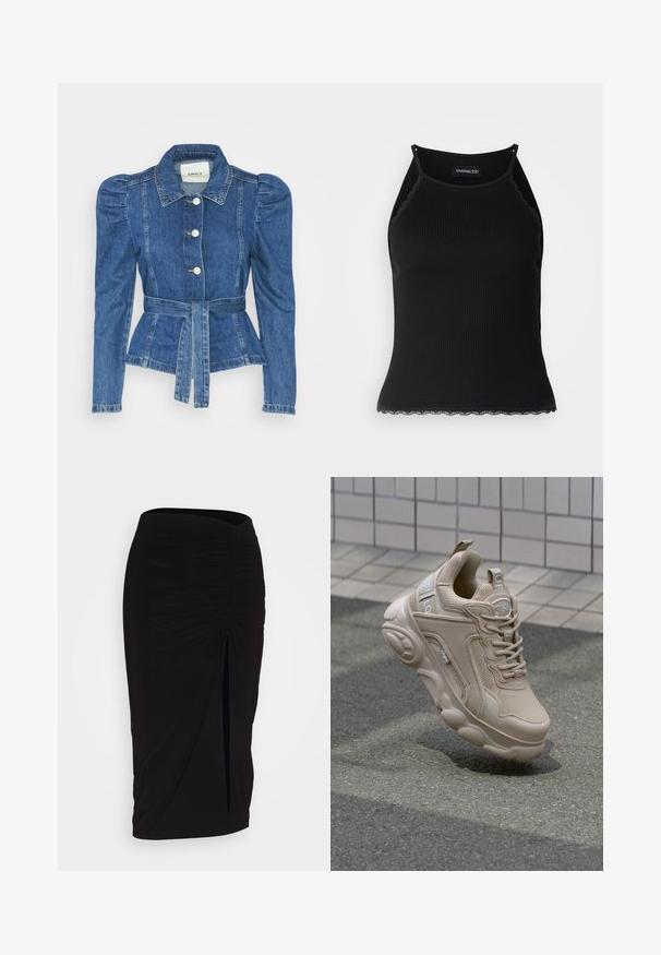 Jeansowa kurtka z pasem w talii, dopasowaną górą i bufiaste ramiona. Średni niebieski kolor, usztywniony fason oraz zapięcie na guziki z przodu.; Czarny ribbed top na ramiączkach z falbaniastym koronkowym wykończeniem u dołu. Posiada cienkie ramiączka i dopasowany krój. Wykonany z rozciągliwego materiału.; Czarna, marszczona spódnica typu ołówkowego z węzłem i bocznym rozcięciem. Wykonana z elastycznego materiału, o gładkiej fakturze i dopasowanym kroju.; Beżowy but sportowy z siateczkową i syntetyczną cholewką, wyściełanym kołnierzem oraz masywną podeszwą z teksturowanymi akcentami. Logo widoczne z boku.