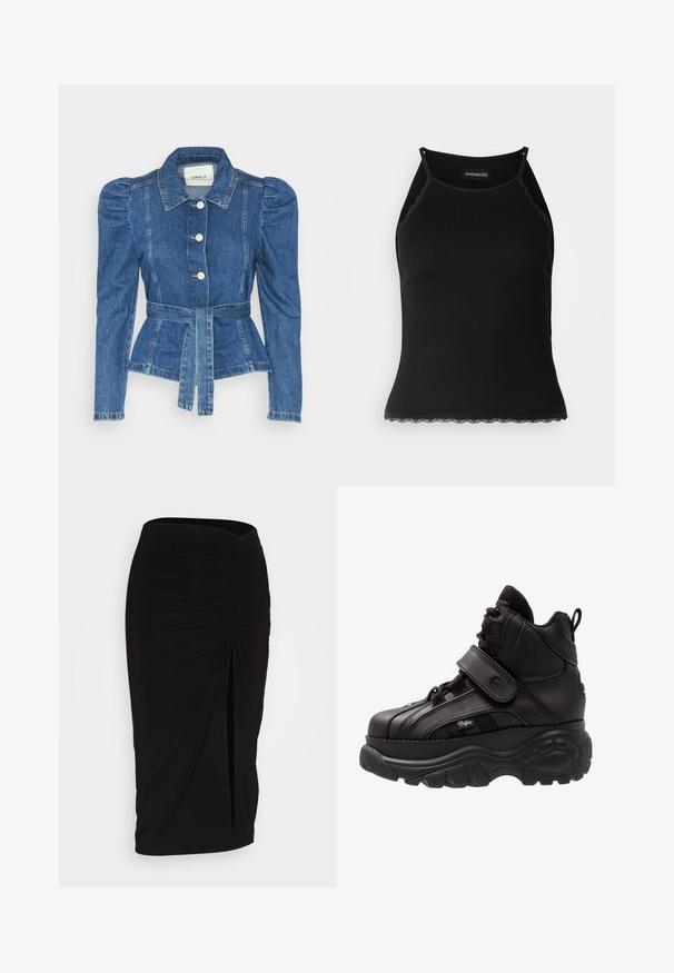 Jeansjakke med belte i midjen, tettsittende midje og puffede skuldre. Medium blå farge, strukturert design og frontknapper.; Svart ribbet tanktopp med scallop lace detaljer i kanten. Har tynne stropper og en kroppsnær design. Laget av elastisk stoff.; Svart, rynket blyantskjørt med knyting og sidelits. Laget av et elastisk stoff, med en glatt tekstur og en kroppsnær passform.; Svart høyhælte sneakers med tykk gummisåle, skinnoverdel, snøring og borrelåslukking, samt teksturert sidesøm-detaljering.