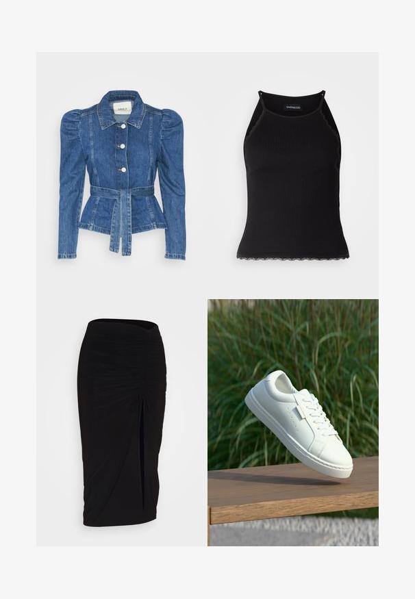 Jeansjacke mit tailliertem Schnitt, fitted Oberteil und gepufften Schultern. Mittelblaue Farbe, strukturierte Form und Frontknopfverschlüsse.; Schwarzes, geripptes Tanktop mit gewellten Spitzenabschluss am Saum. Mit dünnen Trägern und einer figurbetonten Passform. Hergestellt aus dehnbarem Material.; Schwarzer, geraffter Bleistiftrock mit Bindegürtel und seitlichem Schlitz. Hergestellt aus einem dehnbaren Stoff, mit glatter Textur und figurschmeichelndem Design.; Weißer Leder-Sneaker mit Schnürsenkeln schwebt über einer hölzernen Bank, im Hintergrund ist das grüne hohe Gras unscharf zu sehen.