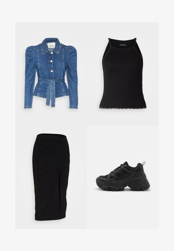 Traper jakna s pojasom u struku, prilagođenim tijelom i nabranim ramenima. Srednje plava boja, strukturirani dizajn i prednje kopčanje na tipke.; Crna ženska majica bez rukava s rebrastim uzorkom i čipkastim obrubom na donjem dijelu. Ima tanke naramenice i prilagođen dizajn. Izrađena od rastezljivog materijala.; Crna, nabrana suknja olovka s detaljem vezanja i bočnim prorezom. Izrađena od rastezljivog materijala, s glatkom teksturom i prilagođenim dizajnom.; Crne atletske tenisice s teksturiranim mrežastim gornjim dijelom, zakrivljenim gumеним potplatom i izraženim uzorkom gaznog sloja. Imaju integrirano vezivanje i trakicu za povlačenje.