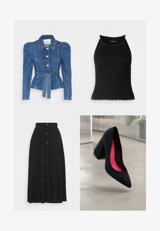 Casaco de ganga com cintura ajustada, corpete justo e ombros bufantes. Cor azul média, design estruturado e fecho frontal por botões.; T-shirt sem mangas preto com acabamento em renda frisada na barra. Apresenta alças finas e um design justo. Feito de um tecido elástico.; Saia longa preta com um cós elástico, apresentando um fecho frontal com botões e um tecido texturizado. Os botões são castanhos e bem espaçados.; Sapato de salto alto preto com bico puntiagudo, superfície texturizada e um interior vibrante em rosa. Apresenta um salto grosso com detalhe em prata.