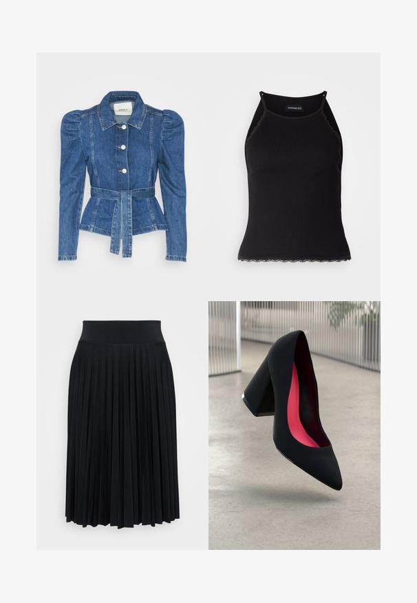 Casaco de ganga com cintura ajustada, corpete justo e ombros bufantes. Cor azul média, design estruturado e fecho frontal por botões.; T-shirt sem mangas preto com acabamento em renda frisada na barra. Apresenta alças finas e um design justo. Feito de um tecido elástico.; Saia preta plissada com um cós largo, feita de material macio. Apresenta pregas verticais para adicionar textura e fluidez.; Sapato de salto alto preto com bico puntiagudo, superfície texturizada e um interior vibrante em rosa. Apresenta um salto grosso com detalhe em prata.