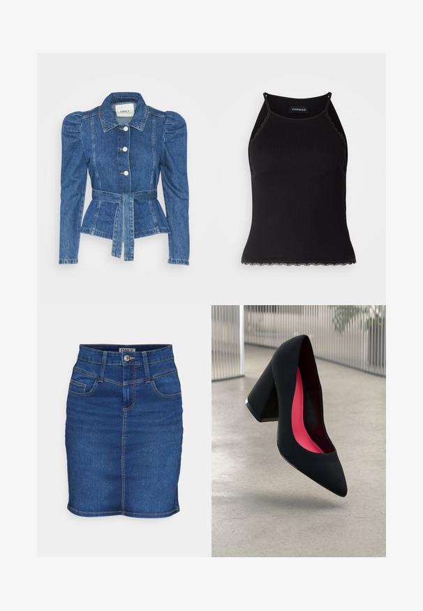 Džínová bunda s opaskom v páse, priliehavým telom a vypúknutými ramenami. Stredne modrá farba, štruktúrovaný dizajn a predné gombíkové zapínanie.; Čierny rebrovaný top bez rukávov so zvlneným čipkovým lemovaním na spodnom leme. Má tenké ramienka a priliehavý strih. Vyrobené z elastického materiálu.; Džínová sukňa v tmavomodrej farbe s priliehavým strihom. Obsahuje päť vreciek, zapínanie na gombík a kontrastné prešívanie pozdĺž švov.; Čierna lodička na vysokom opätku s špicatou špičkou, štruktúrovaným povrchom a živým ružovým interiérom. Obsahuje robustný opätok so strieborným akcentom.