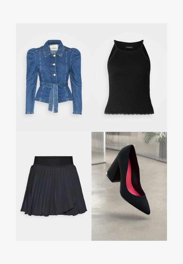 Spijkerjack met een ceintuur in de taille, een getailleerd lijfje en pofmouwen. Middelblauwe kleur, gestructureerd ontwerp en knoopsluitingen aan de voorkant.; Zwarte geribbelde tanktop met een scallooped kanten rand aan de onderkant. Heeft dunne bandjes en een aansluitend ontwerp. Gemaakt van rekbare stof.; Zwarte geplooide rok met een brede elastische tailleband, gemaakt van een gladde stof met een subtiele glans, knie-lang met gelaagd ontwerp.; Zwarte hoge hak met een spitse neus, textuur op het oppervlak en een opvallend roze interieur. Beschikt over een chunky hak met zilveren accent.