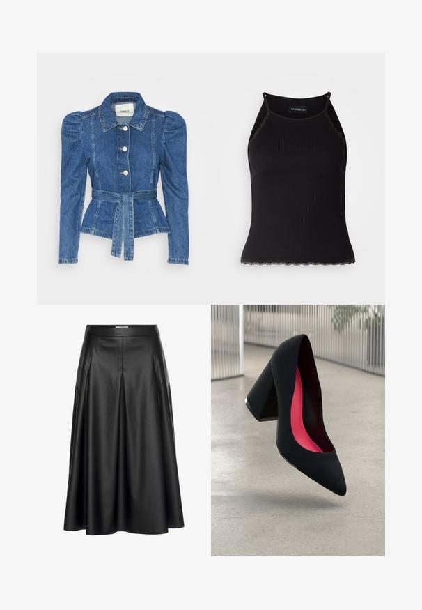 Jeansjacke mit tailliertem Schnitt, fitted Oberteil und gepufften Schultern. Mittelblaue Farbe, strukturierte Form und Frontknopfverschlüsse.; Schwarzes, geripptes Tanktop mit gewellten Spitzenabschluss am Saum. Mit dünnen Trägern und einer figurbetonten Passform. Hergestellt aus dehnbarem Material.; Schwarzer Leder-Maxi-Rock mit hoher Taille, plissiertem Design und glatter Textur. Betont eine fließende Silhouette.; Schwarzer High Heel Schuh mit spitzer Zehe, strukturiertem Obermaterial und lebhaftem pinken Innenraum. Verfügt über einen dicken Absatz mit silberner Akzentuierung.