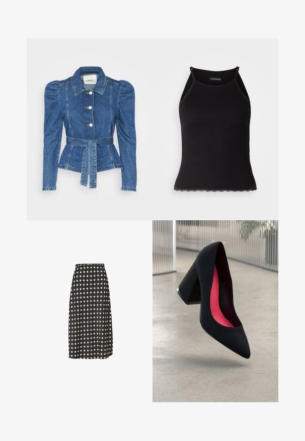 Veste en denim avec une taille ceinturée, un buste ajusté et des épaules bouffantes. Couleur bleu moyen, design structuré et fermetures à boutons sur le devant.; Débardeur noir à côtes avec une bordure en dentelle festonnée à l'ourlet. Présente des bretelles fines et une coupe ajustée. Fabriqué en tissu extensible.; Jupe midi noire à pois blancs, fabriquée en tissu lisse. Elle présente une taille ajustée et une légère fente sur le côté pour faciliter les mouvements.; Chaussure à talon haut noire avec un bout pointu et une tige texturée. Intérieur avec une doublure rose vif. Talon carré avec un accent métallique à la base.